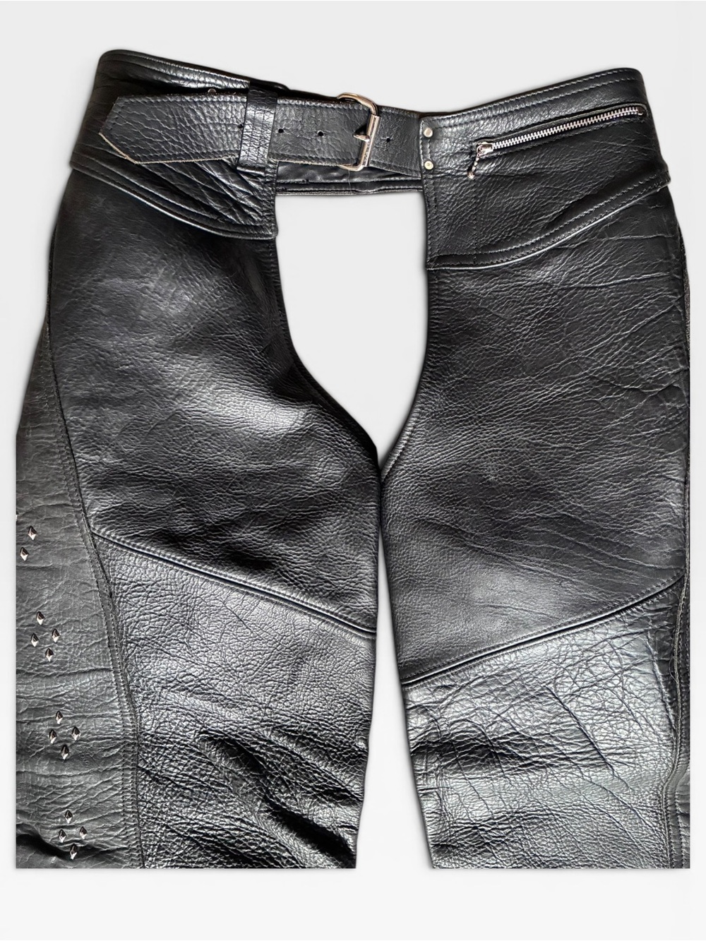Men's Black Leather Biker Pants with Belt and stud Detail